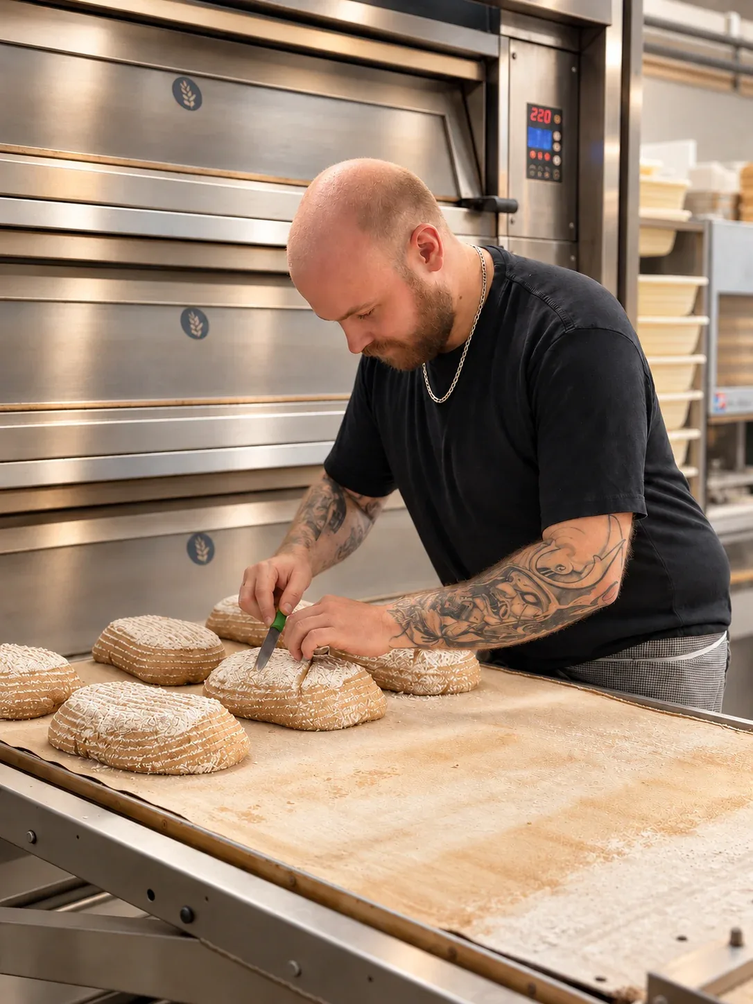 En bager snitter brød foran ovnene