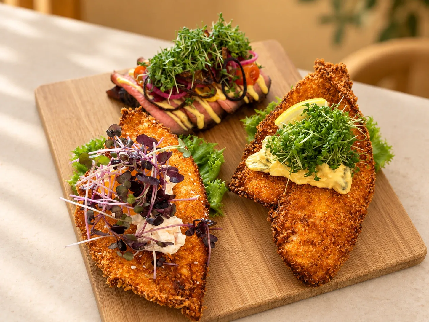 Tre stykker smørrebrød med fisk og roastbeef på et træbræt
