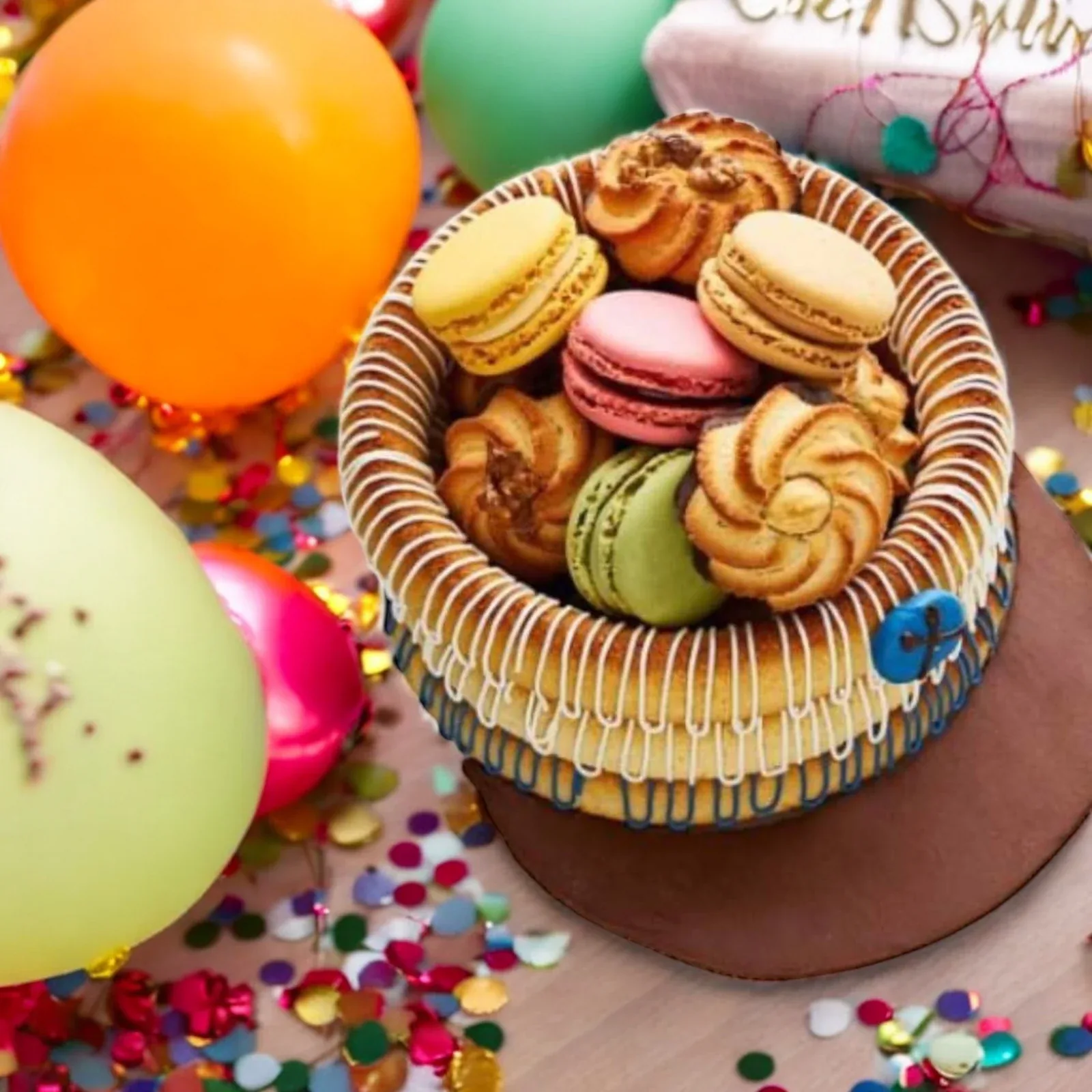 En pyntet festkage med macarons og småkager