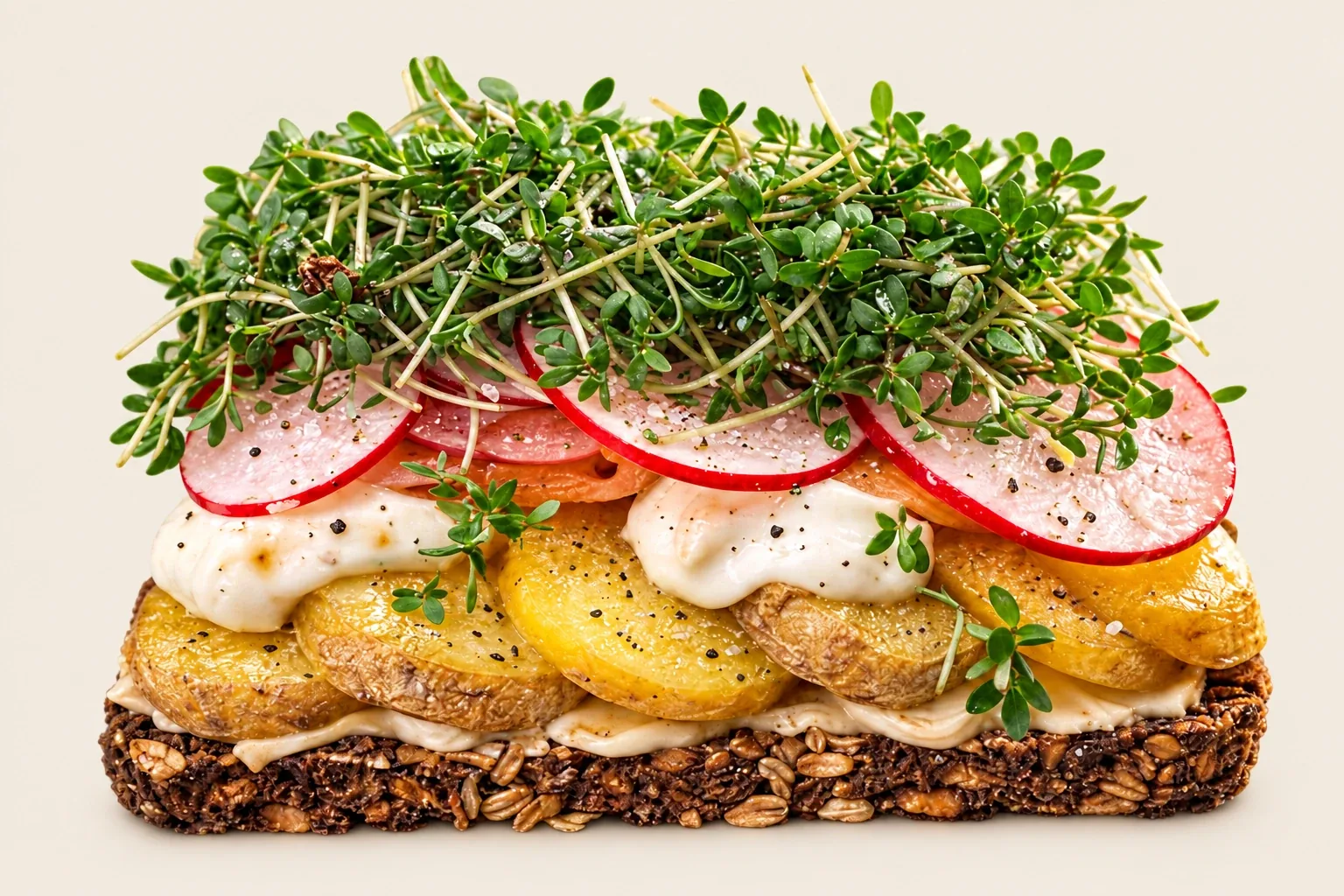 Smørrebrød med kartofler, radiser og frisk karse på rugbrød