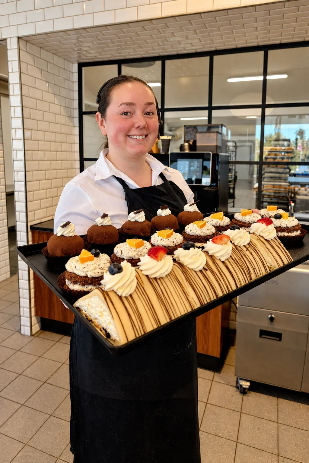 Medarbejder viser en bakke flødekager