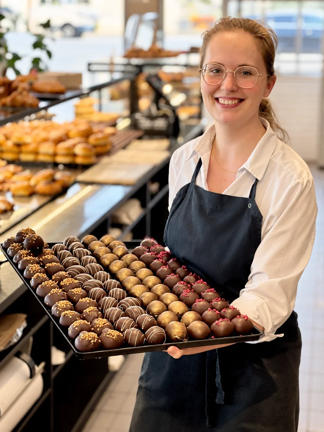 Medarbejder med en bakke chokoladeovertrukne kager