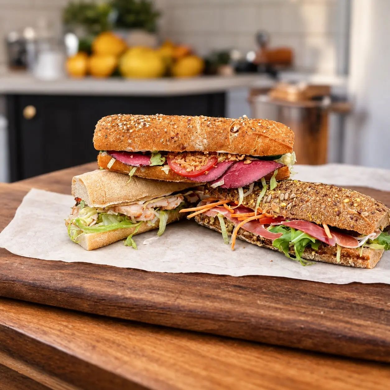 Tre frisklavede sandwiches med forskelligt fyld på et træbræt