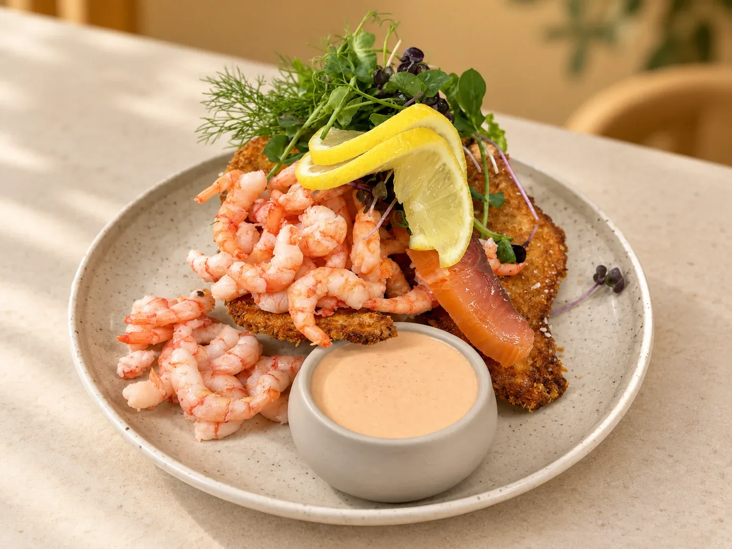 Caféens stjerneskud med sprød fisk, rejer, laks, citron og dressing